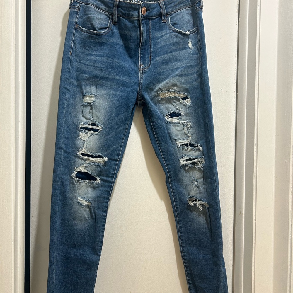 Women’s American Eagle Hi Rise Jeggings Blue Distressed Jeans